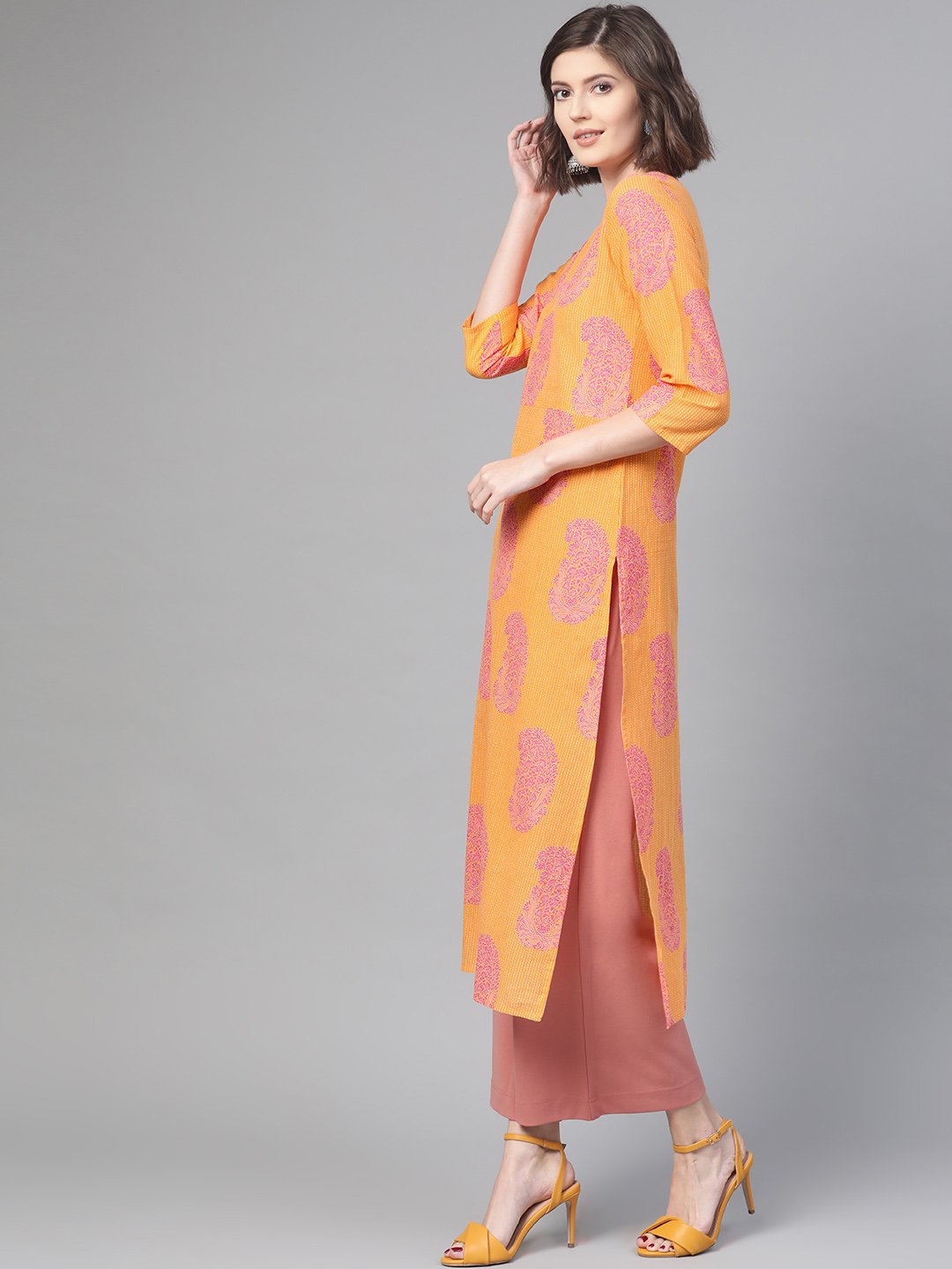 Adults-Women Orange & Pink Cotton Straight Paisley Printed Kurta | LASVINI - Redefining Indian Fashion with Elegance