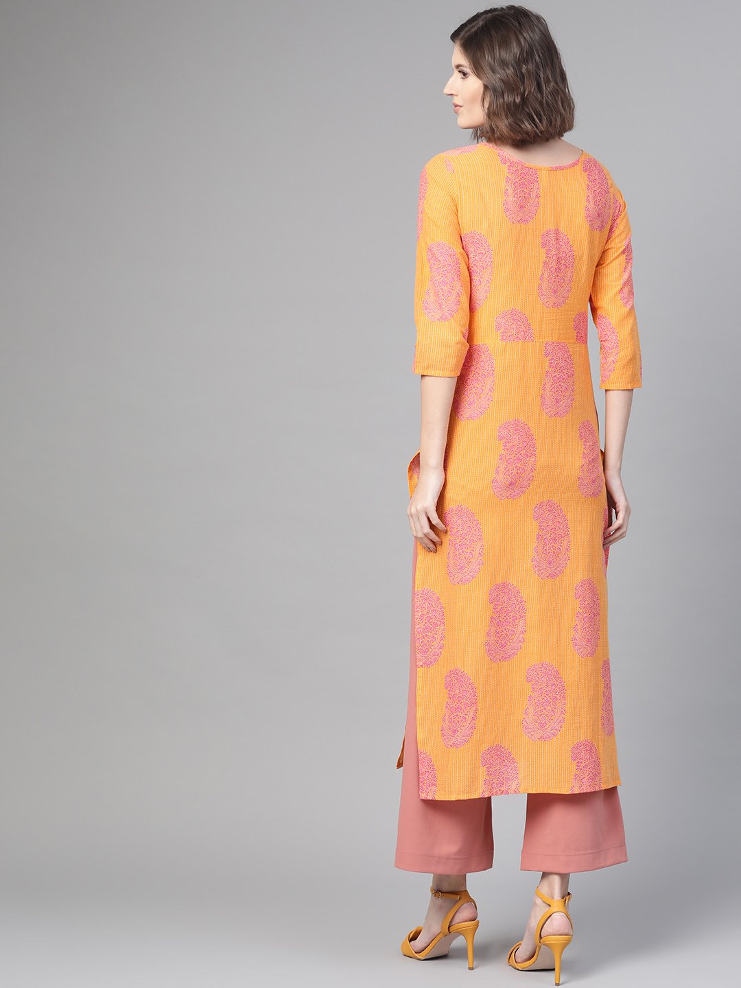 Adults-Women Orange & Pink Cotton Straight Paisley Printed Kurta | LASVINI - Redefining Indian Fashion with Elegance