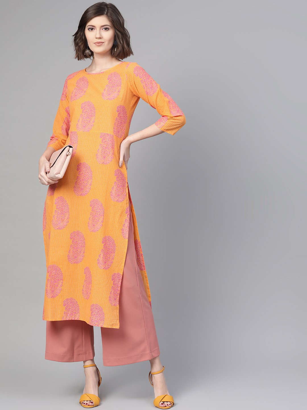 Adults-Women Orange & Pink Cotton Straight Paisley Printed Kurta | LASVINI - Redefining Indian Fashion with Elegance