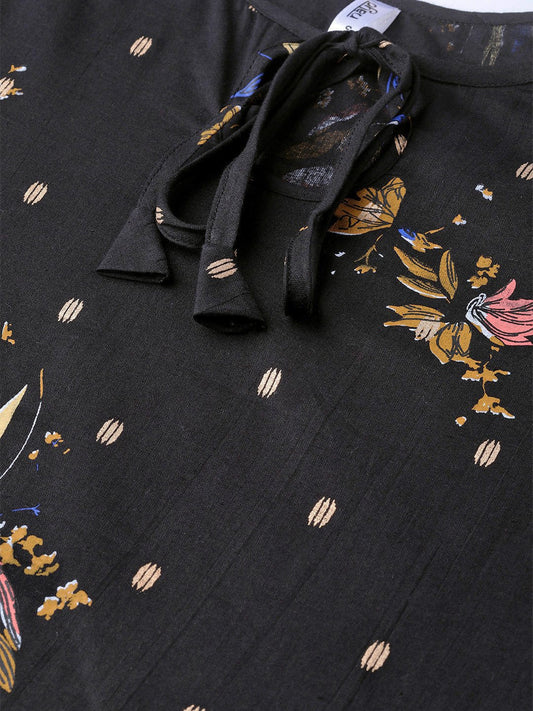 Adults-Women Black & Gold Cotton Straight Floral Printed Kurta | LASVINI - Redefining Indian Fashion with Elegance