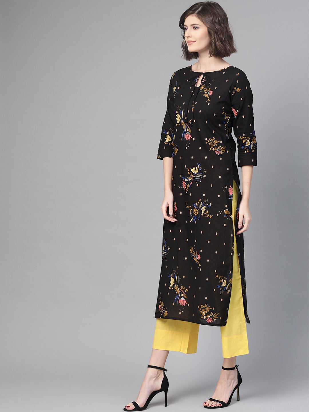 Adults-Women Black & Gold Cotton Straight Floral Printed Kurta | LASVINI - Redefining Indian Fashion with Elegance