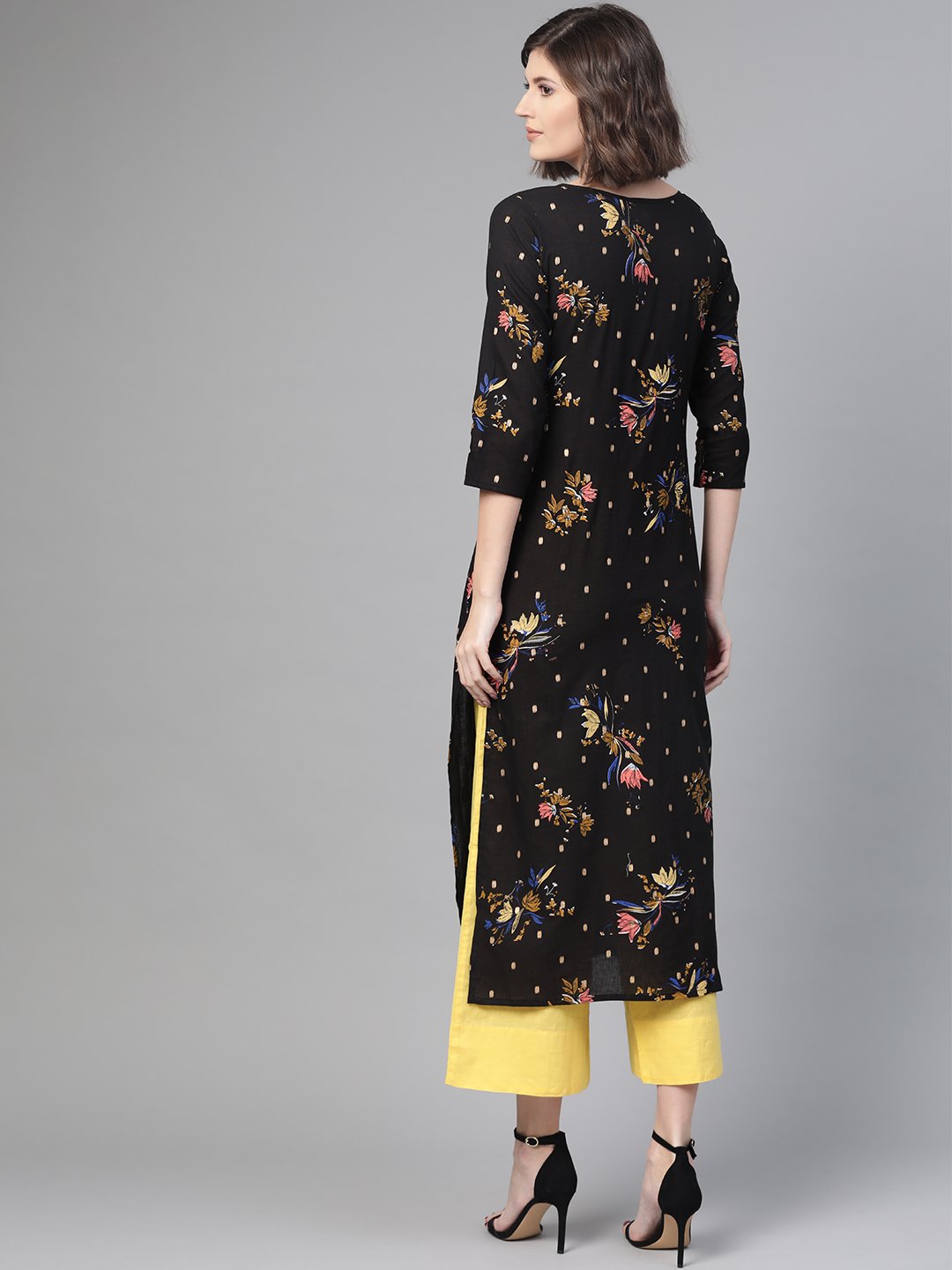Adults-Women Black & Gold Cotton Straight Floral Printed Kurta | LASVINI - Redefining Indian Fashion with Elegance