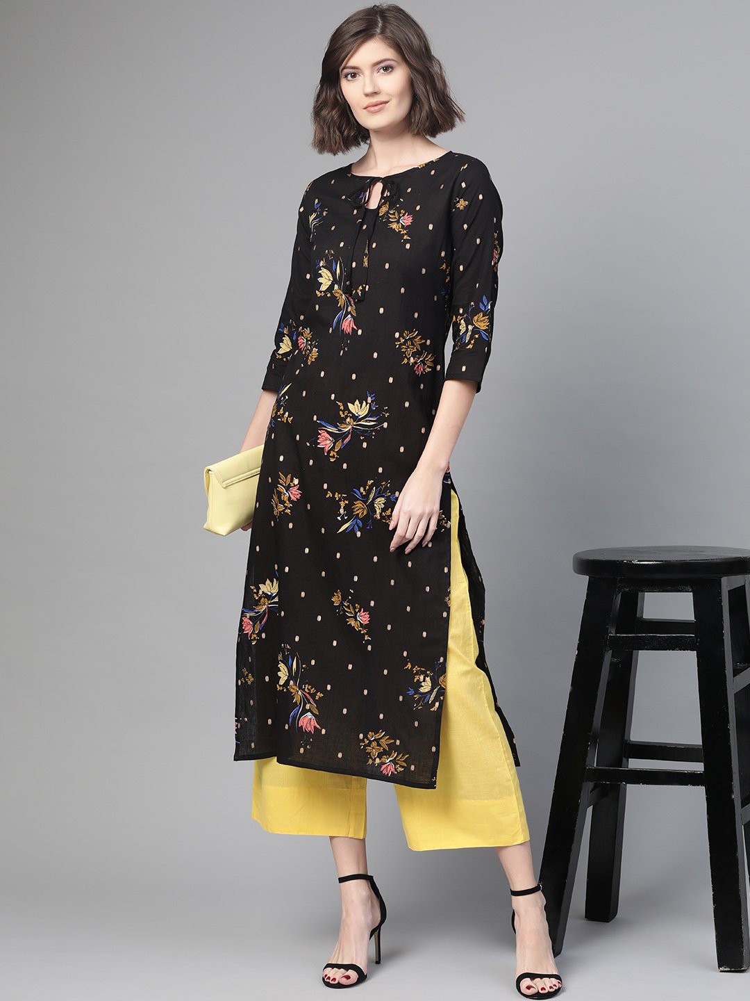 Adults-Women Black & Gold Cotton Straight Floral Printed Kurta | LASVINI - Redefining Indian Fashion with Elegance