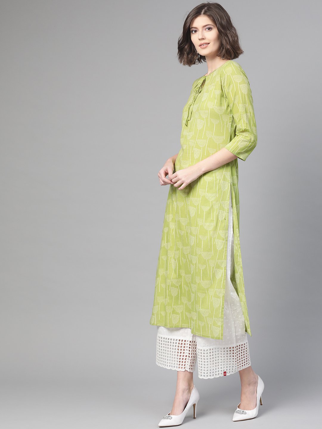 Adults-Women Green & Off White Cotton Straight Quirky Printed Kurta | LASVINI - Redefining Indian Fashion with Elegance