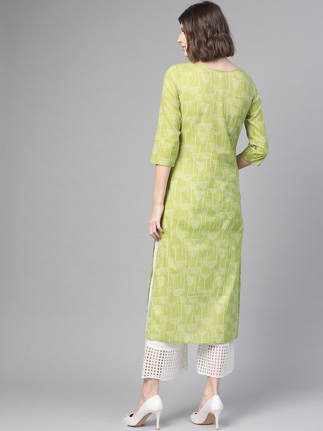 Adults-Women Green & Off White Cotton Straight Quirky Printed Kurta | LASVINI - Redefining Indian Fashion with Elegance