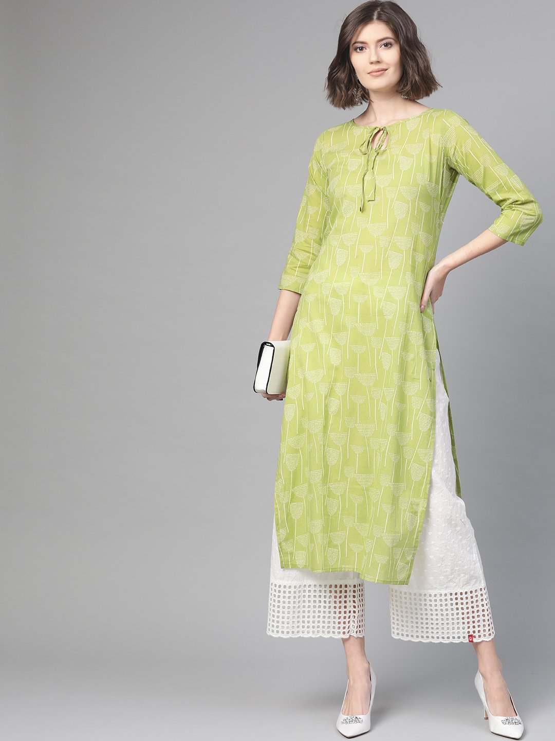 Adults-Women Green & Off White Cotton Straight Quirky Printed Kurta | LASVINI - Redefining Indian Fashion with Elegance