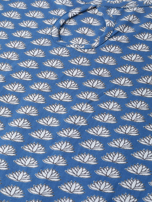 Adults-Women Blue & White Cotton Straight Floral Printed Kurta | LASVINI - Redefining Indian Fashion with Elegance