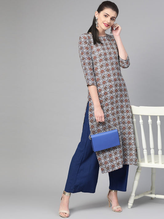 Adults-Women Grey & Maroon Cotton Straight Geometric Printed Kurta | LASVINI - Redefining Indian Fashion with Elegance
