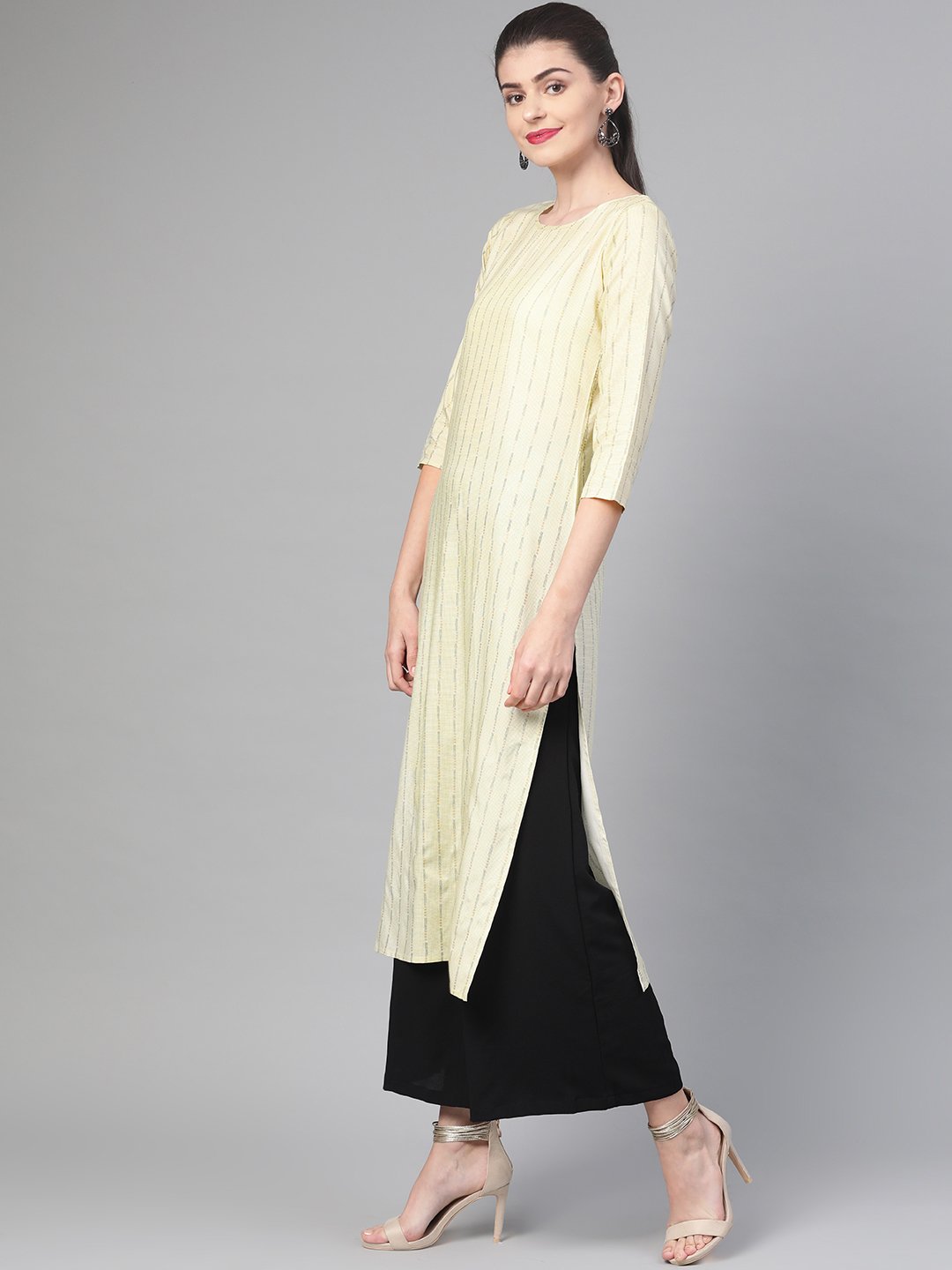 Adults-Women Lime Green & Gold Cotton Straight Striped Striped Kurta | LASVINI - Redefining Indian Fashion with Elegance