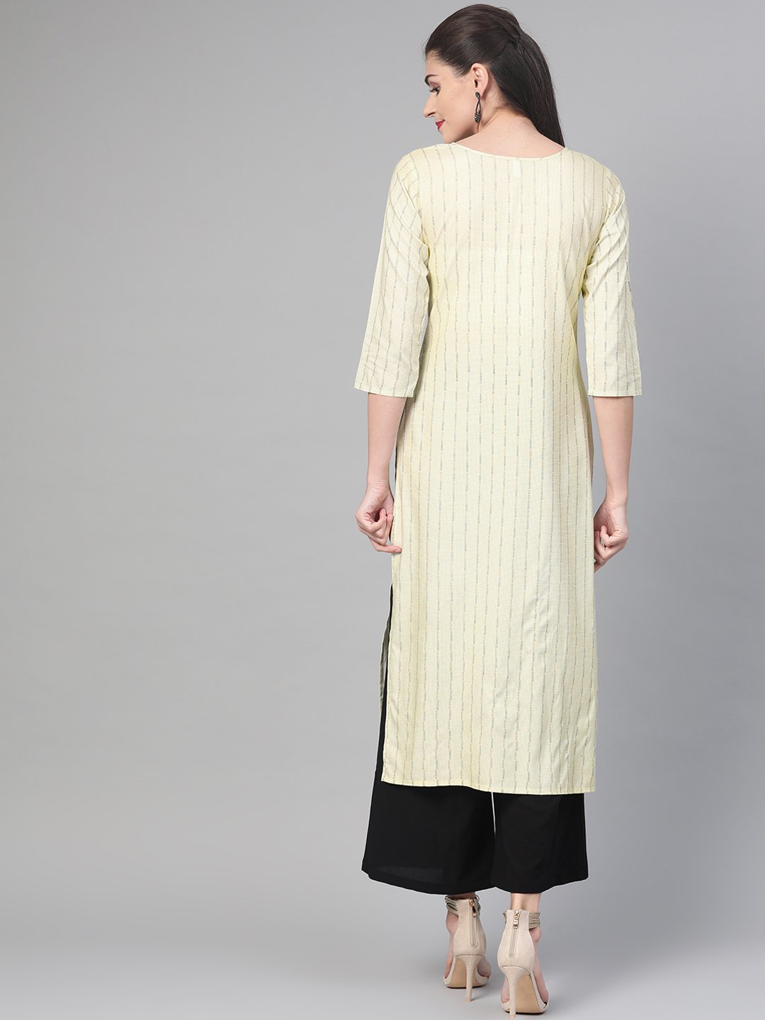 Adults-Women Lime Green & Gold Cotton Straight Striped Striped Kurta | LASVINI - Redefining Indian Fashion with Elegance