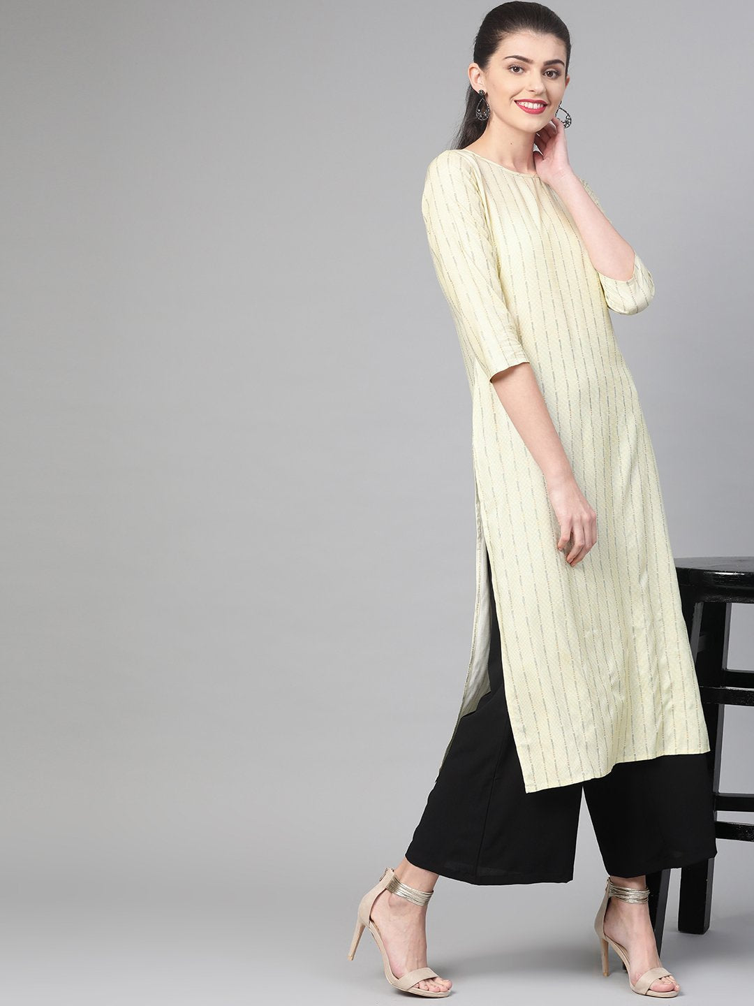 Adults-Women Lime Green & Gold Cotton Straight Striped Striped Kurta | LASVINI - Redefining Indian Fashion with Elegance