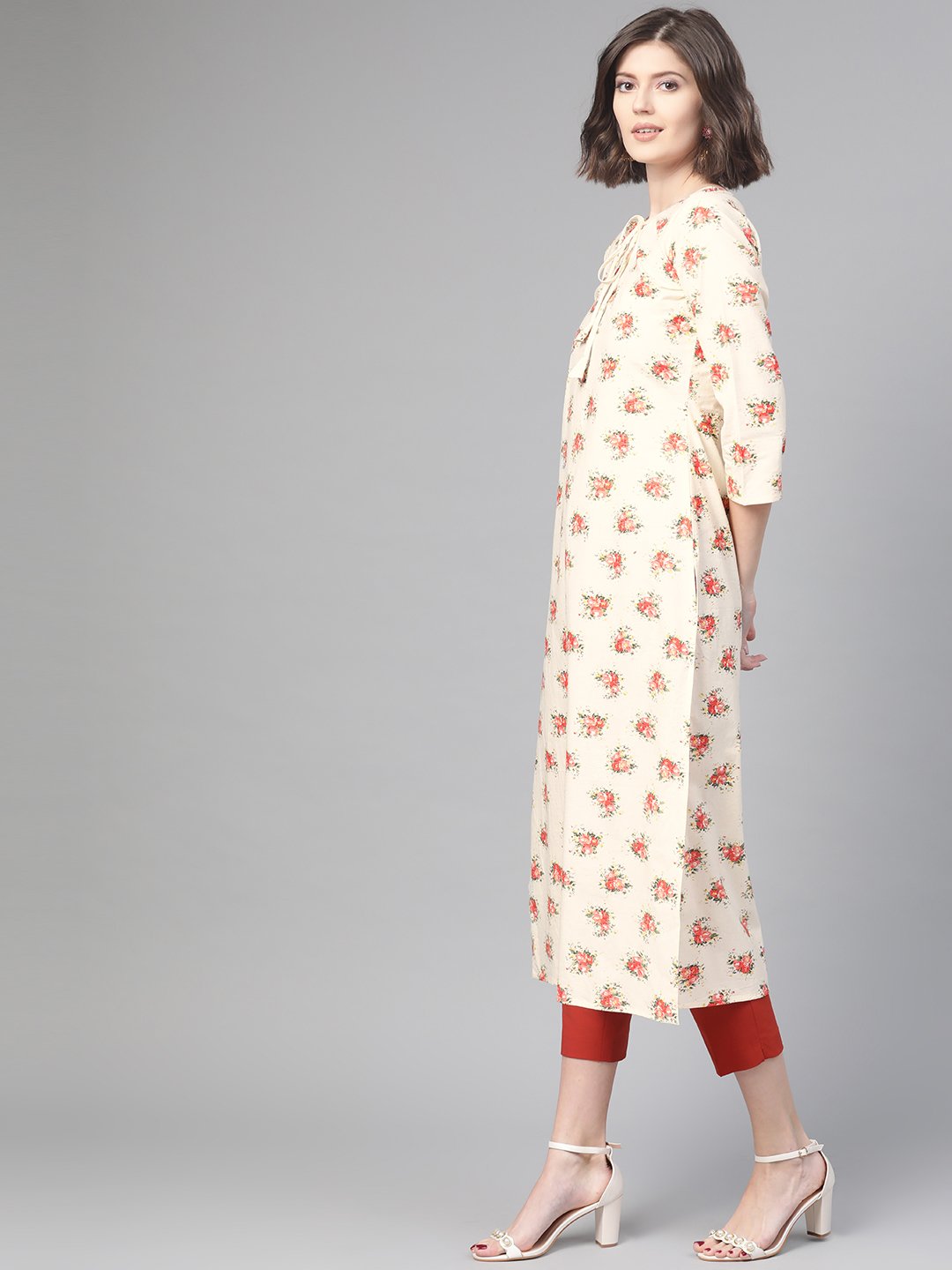 Adults-Women Cream & Peach Cotton Straight Floral Printed Kurta | LASVINI - Redefining Indian Fashion with Elegance