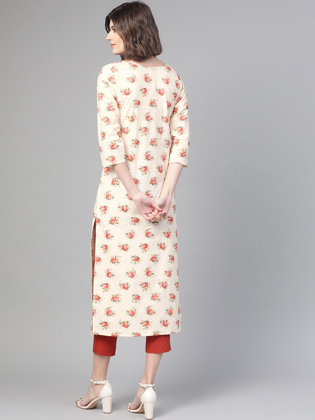 Adults-Women Cream & Peach Cotton Straight Floral Printed Kurta | LASVINI - Redefining Indian Fashion with Elegance