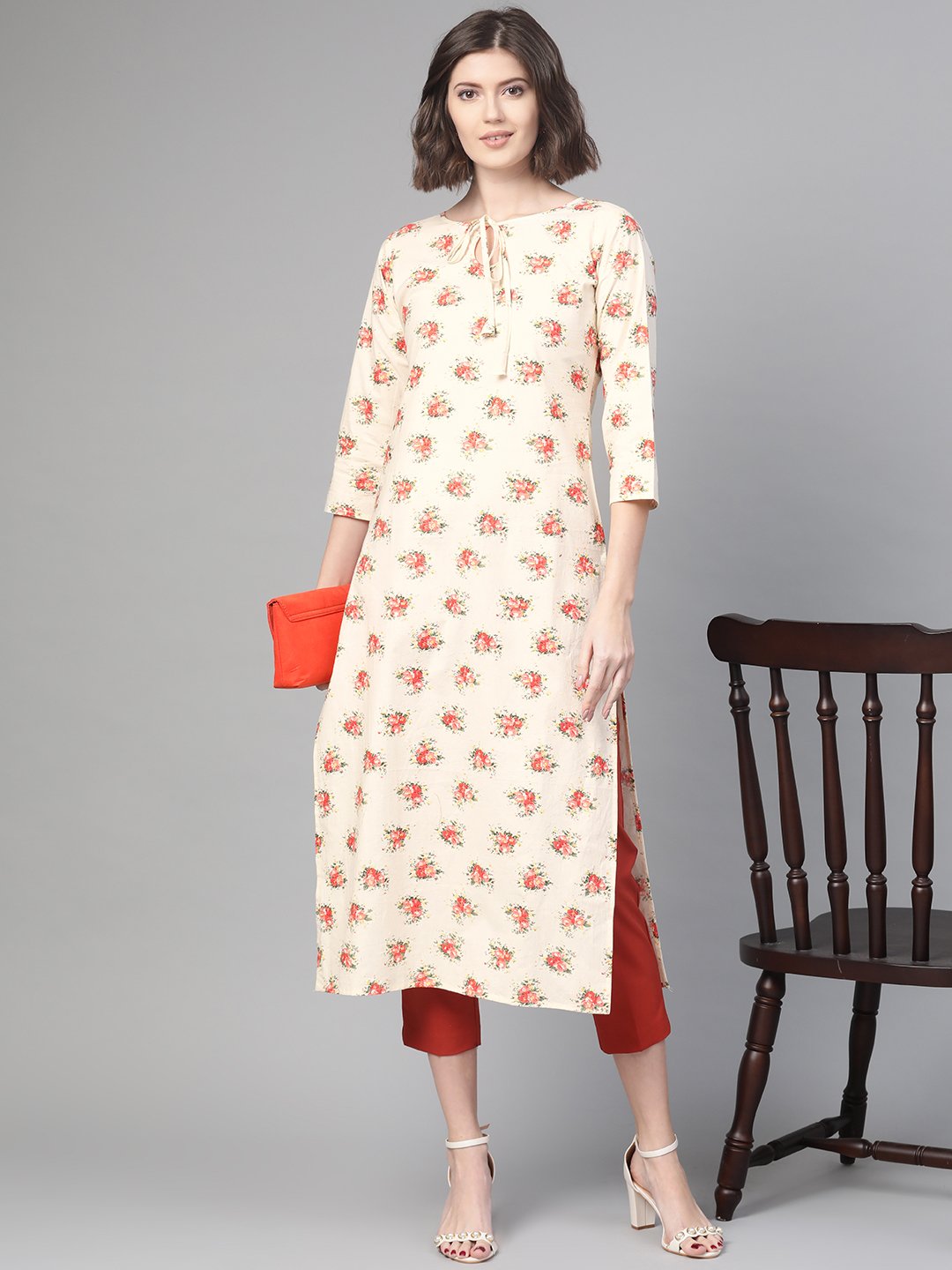Adults-Women Cream & Peach Cotton Straight Floral Printed Kurta | LASVINI - Redefining Indian Fashion with Elegance