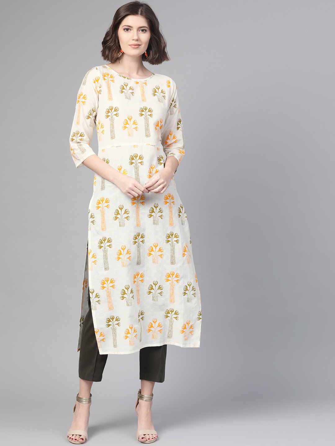 Adults-Women White & Orange Cotton Straight Floral Printed Kurta | LASVINI - Redefining Indian Fashion with Elegance