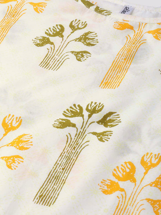 Adults-Women White & Orange Cotton Straight Floral Printed Kurta | LASVINI - Redefining Indian Fashion with Elegance