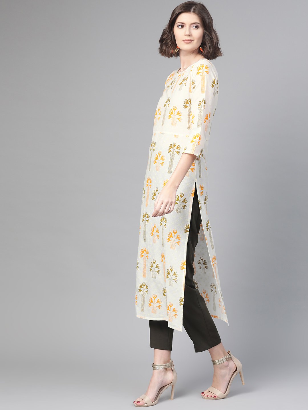 Adults-Women White & Orange Cotton Straight Floral Printed Kurta | LASVINI - Redefining Indian Fashion with Elegance