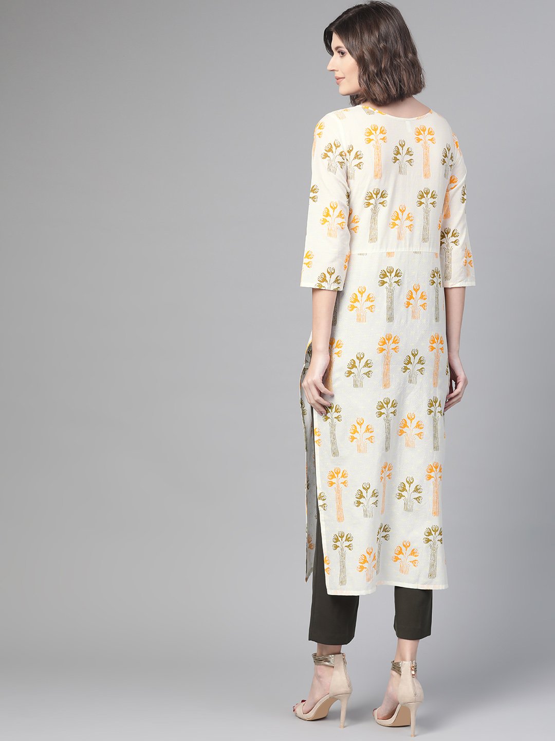 Adults-Women White & Orange Cotton Straight Floral Printed Kurta | LASVINI - Redefining Indian Fashion with Elegance