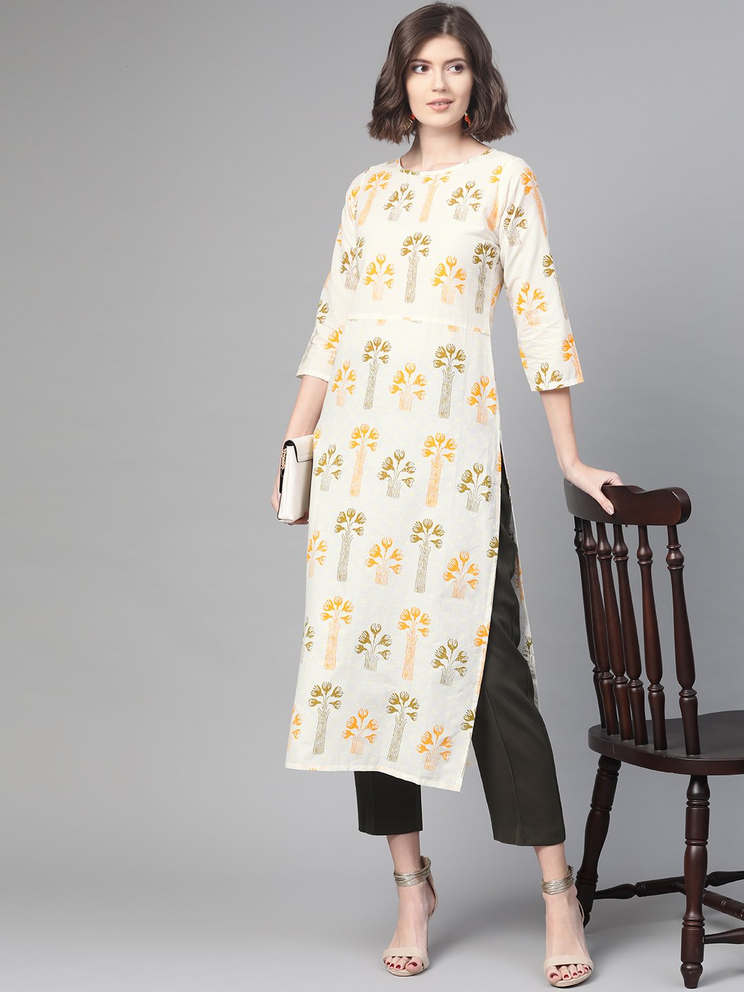 Adults-Women White & Orange Cotton Straight Floral Printed Kurta | LASVINI - Redefining Indian Fashion with Elegance