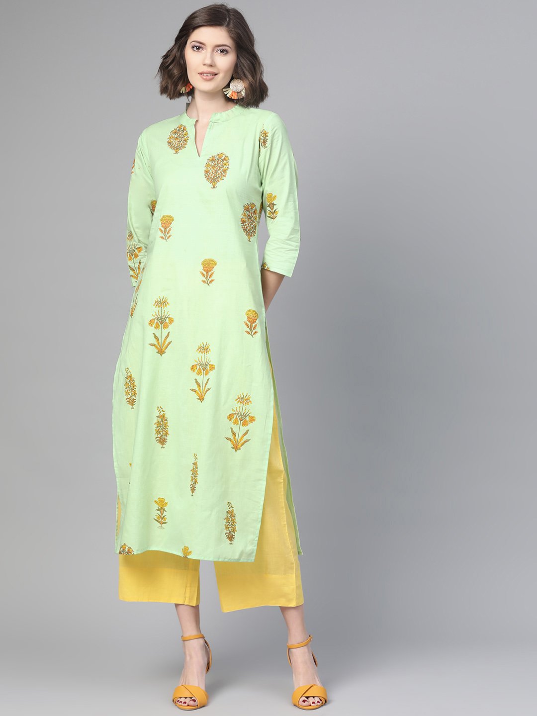 Adults-Women Green & Orange Cotton Straight Floral Printed Kurta | LASVINI - Redefining Indian Fashion with Elegance