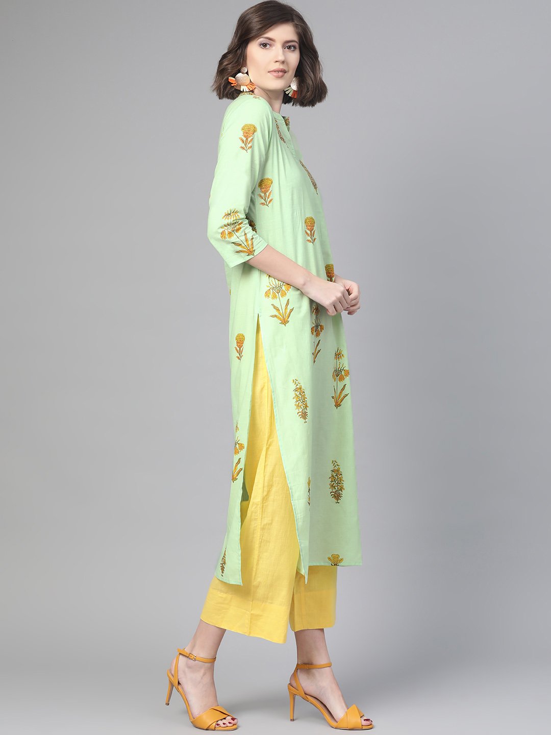 Adults-Women Green & Orange Cotton Straight Floral Printed Kurta | LASVINI - Redefining Indian Fashion with Elegance