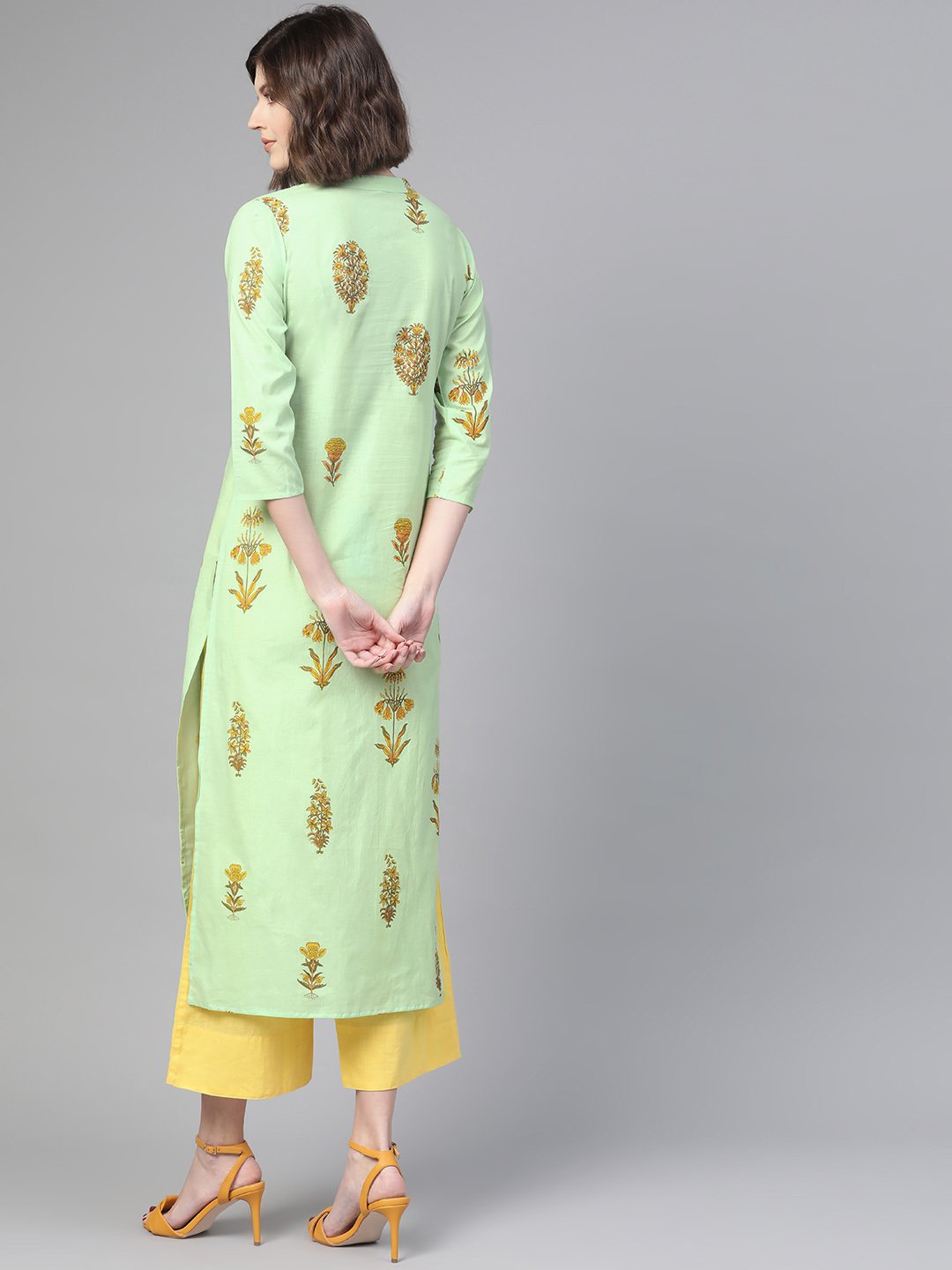 Adults-Women Green & Orange Cotton Straight Floral Printed Kurta | LASVINI - Redefining Indian Fashion with Elegance