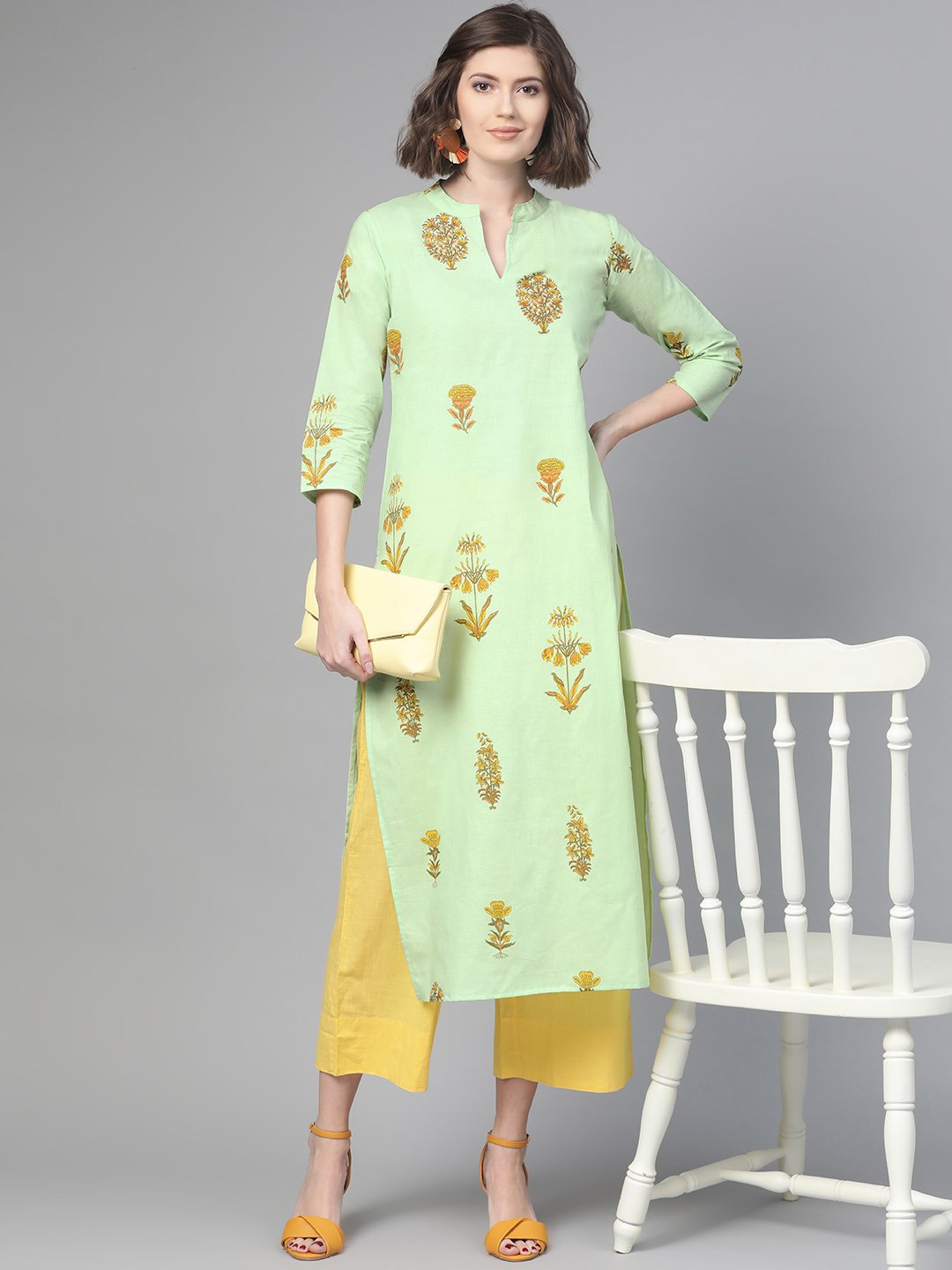 Adults-Women Green & Orange Cotton Straight Floral Printed Kurta | LASVINI - Redefining Indian Fashion with Elegance