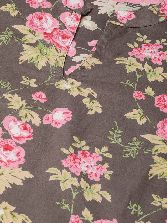 Women Grey & Pink Straight Floral Printed Kurta And Palazzos Set | LASVINI - Redefining Indian Fashion with Elegance