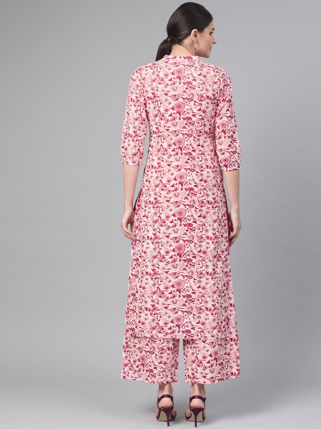 Women Pink & Burgundy Straight Floral Printed Kurta And Palazzos Set | LASVINI - Redefining Indian Fashion with Elegance