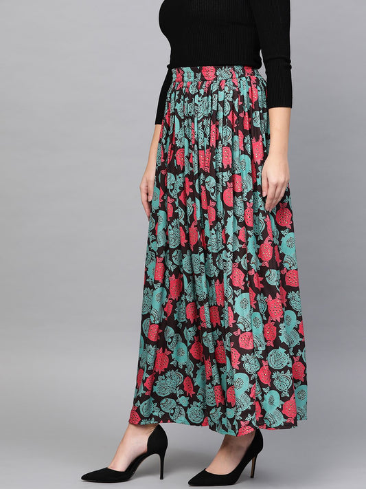 Women Black & Green Floral Printed Flared Skirt | LASVINI - Redefining Indian Fashion with Elegance