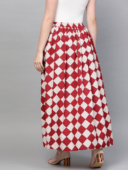 Women Maroon & White Checkerd Printed Flared Skirt | LASVINI - Redefining Indian Fashion with Elegance