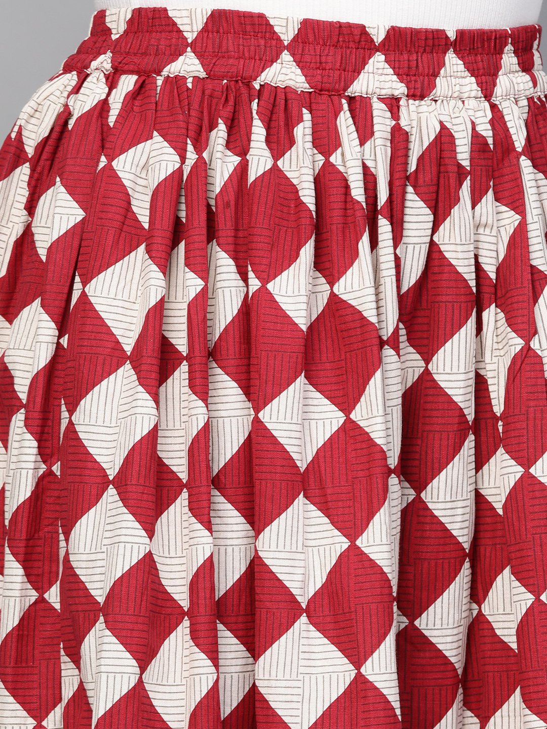 Women Maroon & White Checkerd Printed Flared Skirt | LASVINI - Redefining Indian Fashion with Elegance