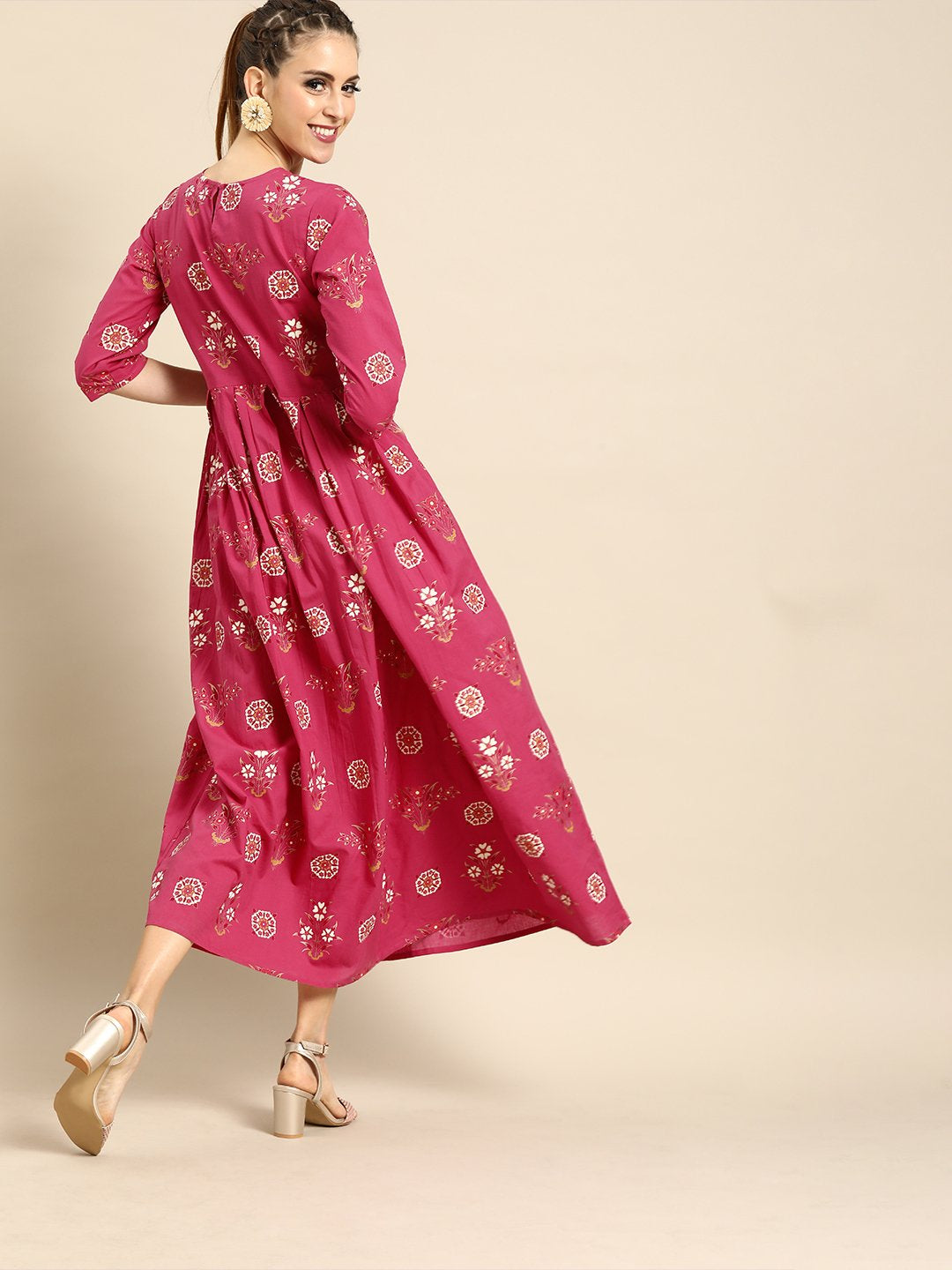Women Magenta Floral Printed Round Neck A-Line Dress | LASVINI - Redefining Indian Fashion with Elegance