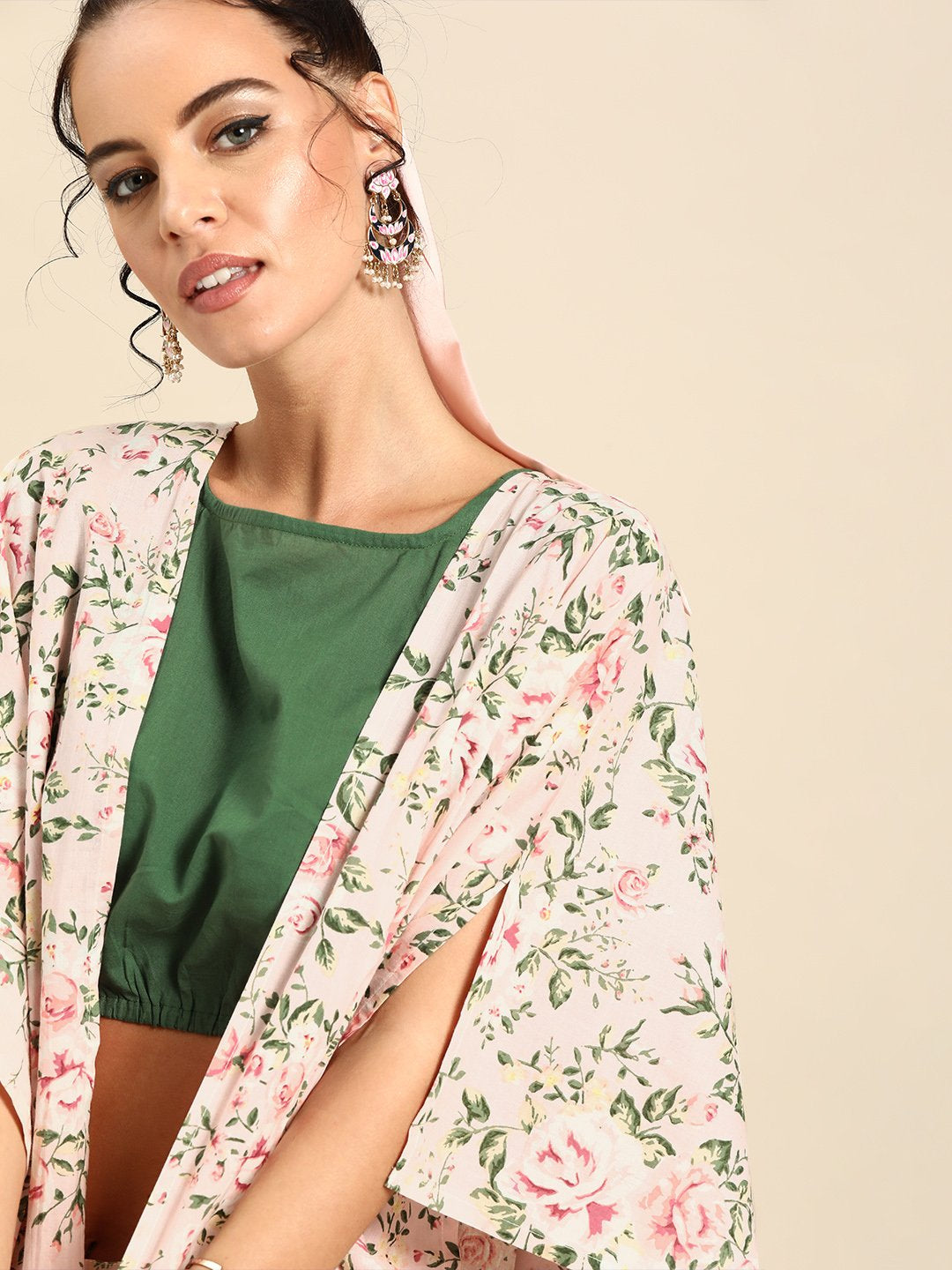 Women Baby Pink Pure Cotton Round Neck Crop Top With Palazzo And Cape | LASVINI - Redefining Indian Fashion with Elegance