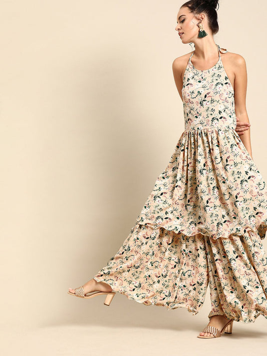 Women Beige Sleeveless Flared Gathered Kurta With Wired Peeko Sharara | LASVINI - Redefining Indian Fashion with Elegance