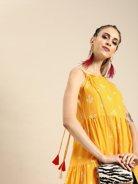Women Yellow Floral Printed Shoulder Straps Fit And Flare Dress | LASVINI - Redefining Indian Fashion with Elegance