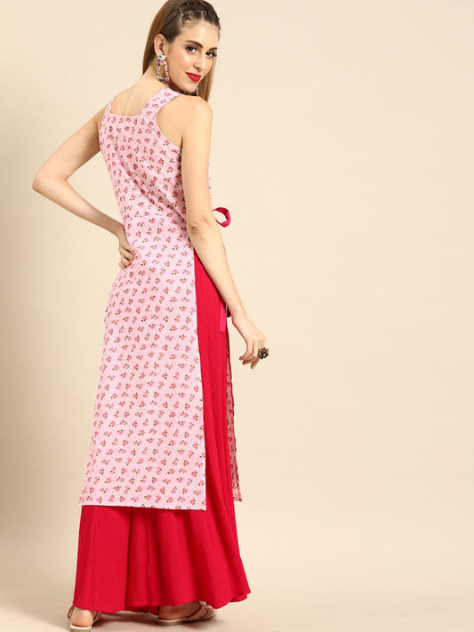 Women Pink Calf Length Sleeveless Straight Floral Printed Cotton Kurta | LASVINI - Redefining Indian Fashion with Elegance