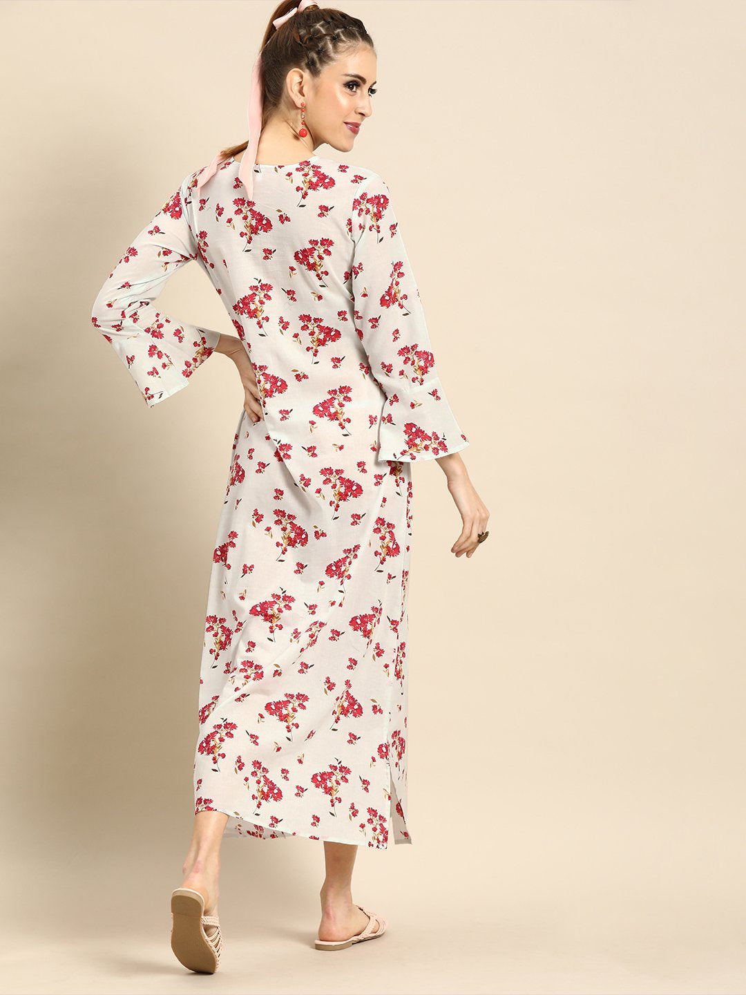 Women Powder Blue Floral Printed V-Neck A-Line Dress | LASVINI - Redefining Indian Fashion with Elegance