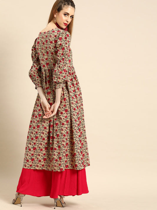 Women Beige Calf Length Three-Quarter Sleeves A-Line Floral Printed Cotton Kurta | LASVINI - Redefining Indian Fashion with Elegance