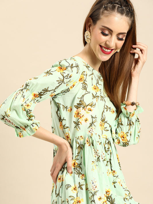 Women Mint Green Calf Length Three-Quarter Sleeves A-Line Floral Printed Cotton Kurta | LASVINI - Redefining Indian Fashion with Elegance