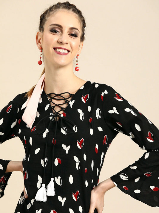 Women Black & White Printed A-Line Dress | LASVINI - Redefining Indian Fashion with Elegance