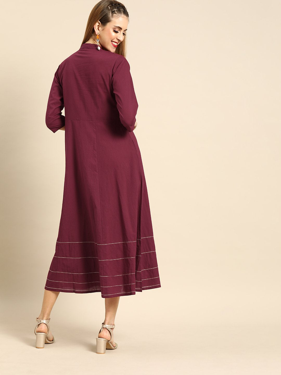 Women Burgundy Solid Solid Mandarin Collar Fit And Flare Dress | LASVINI - Redefining Indian Fashion with Elegance