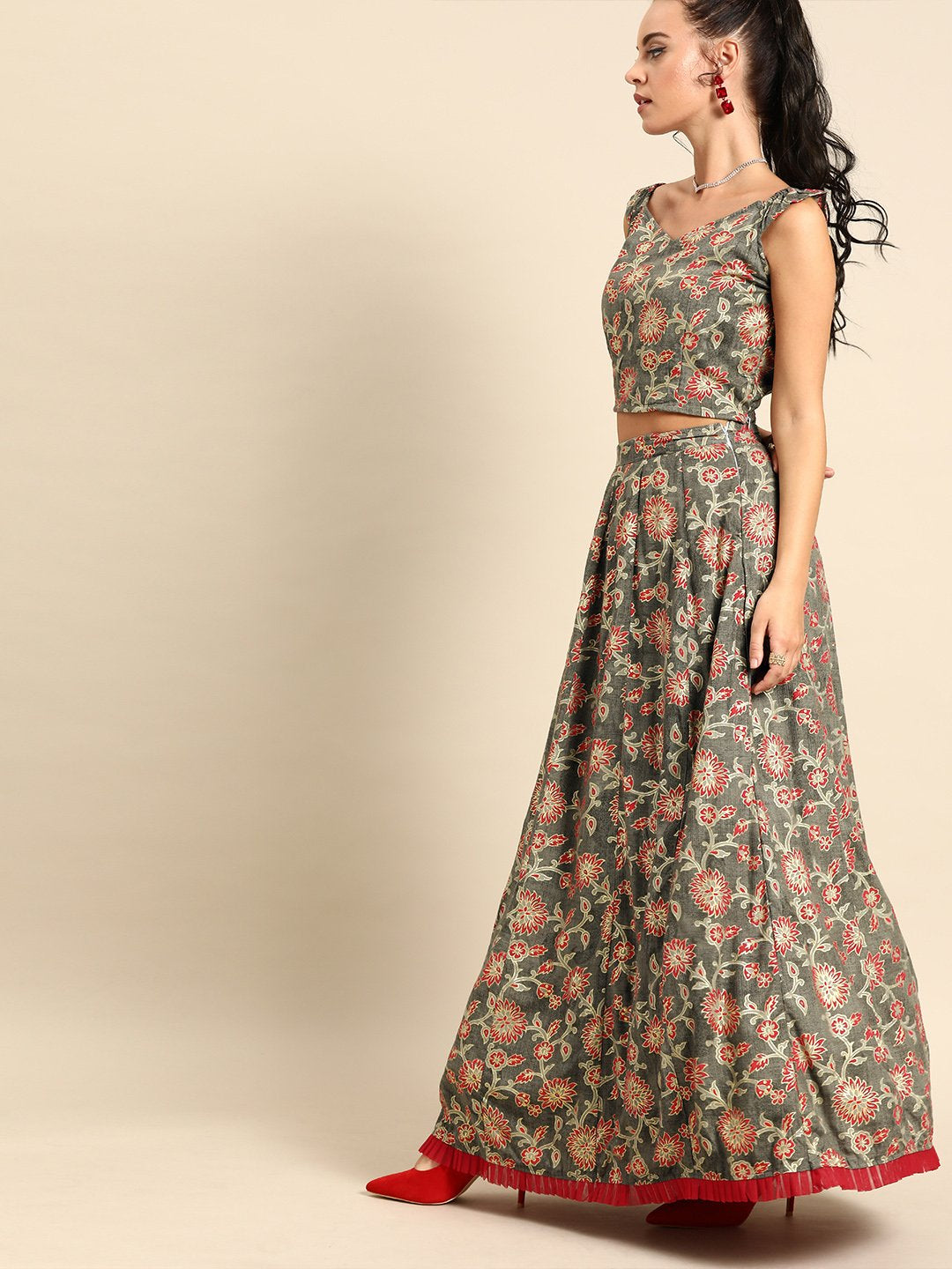 Women Grey Rayon Foil Printed Lehenga Choli With Dupatta | LASVINI - Redefining Indian Fashion with Elegance