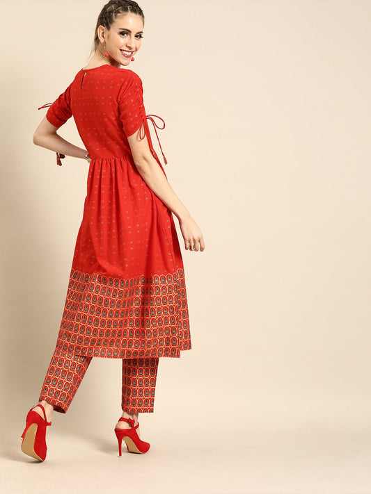 Women Red Short Sleeves Flared Gathered Kurta With Palazzo | LASVINI - Redefining Indian Fashion with Elegance