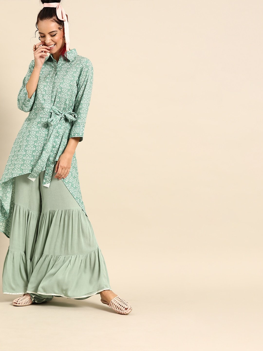 Women Green & White Printed Tunic | LASVINI - Redefining Indian Fashion with Elegance