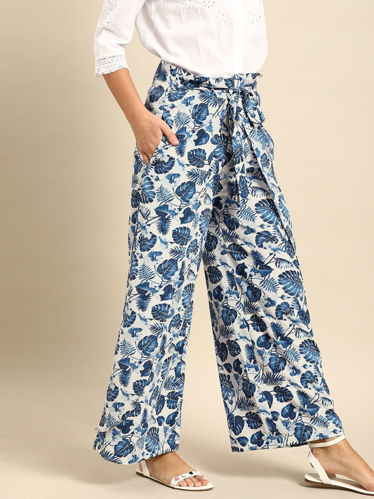 Women Off-White Blue Printed Wide Leg Palazzos | LASVINI - Redefining Indian Fashion with Elegance