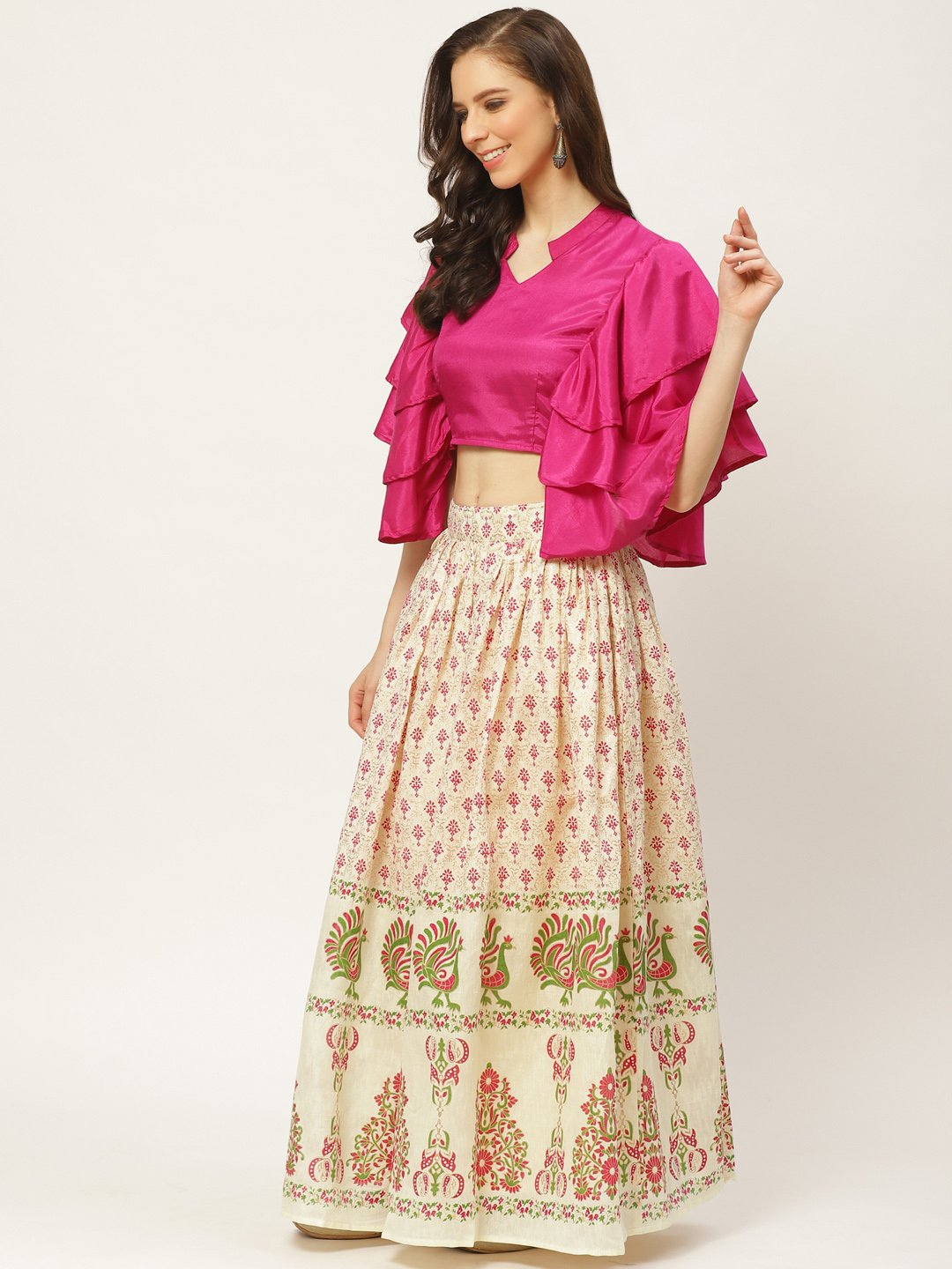 Women Burgundy Silk Blend Mandarin Collar Crop Top With Skirt | LASVINI - Redefining Indian Fashion with Elegance