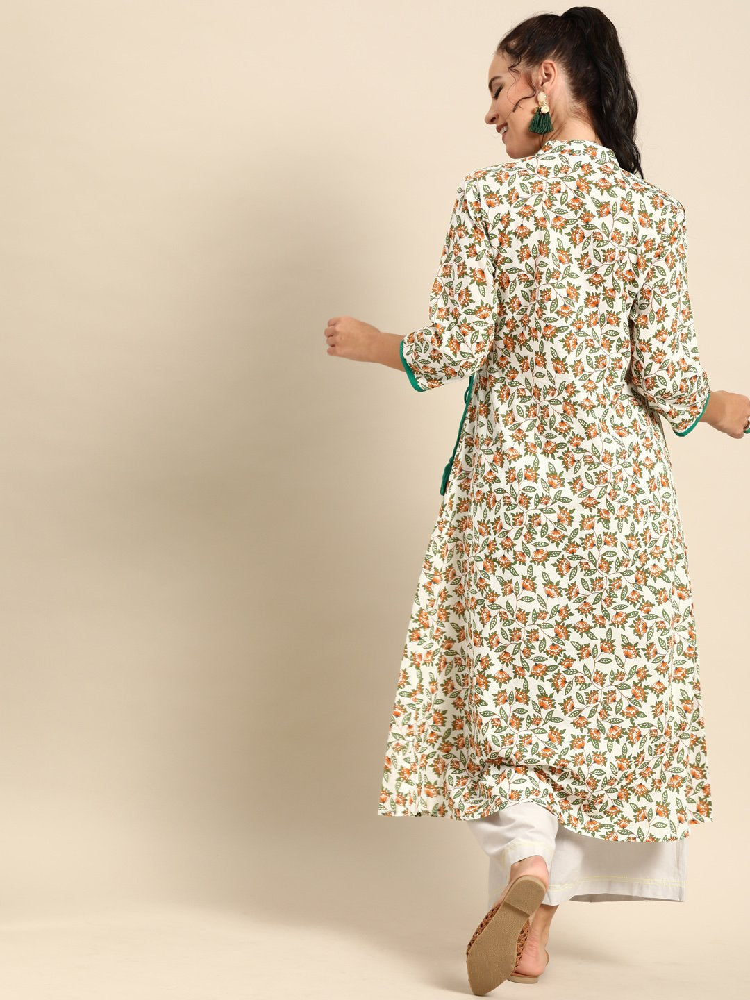 Women Off White Calf Length Three-Quarter Sleeves A-Line Floral Printed Cotton Kurta | LASVINI - Redefining Indian Fashion with Elegance