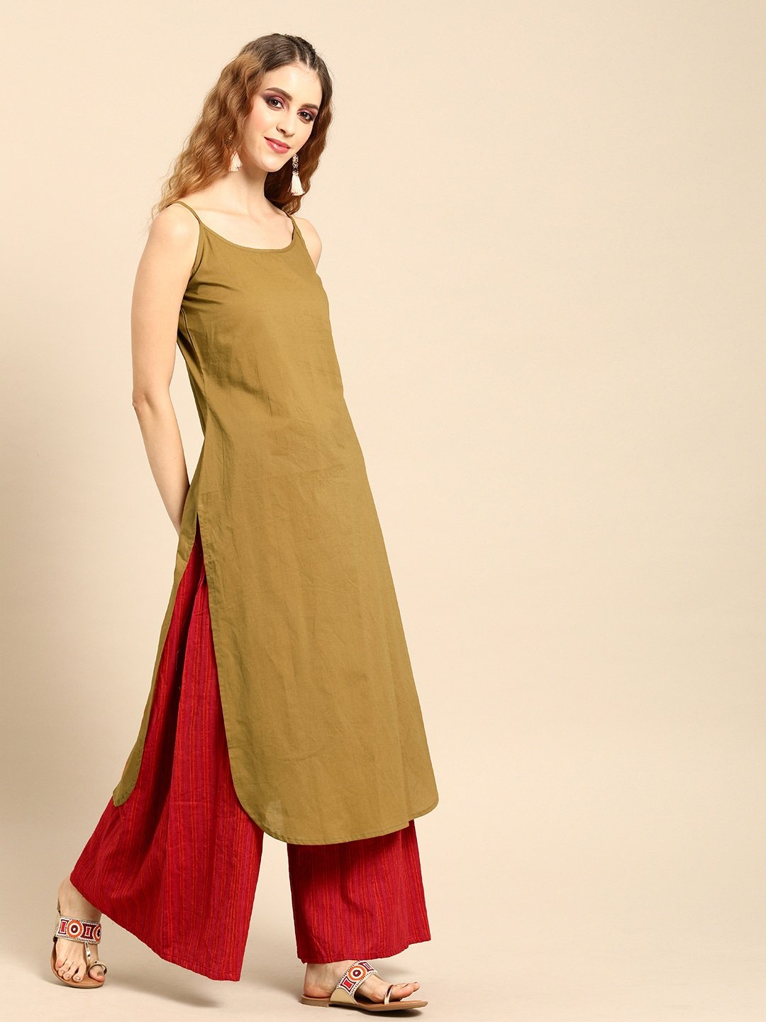 Women Olive Green Calf Length Three-Quarter Sleeves Straight Floral Printed Cotton Kurta With Jacket | LASVINI - Redefining Indian Fashion with Elegance