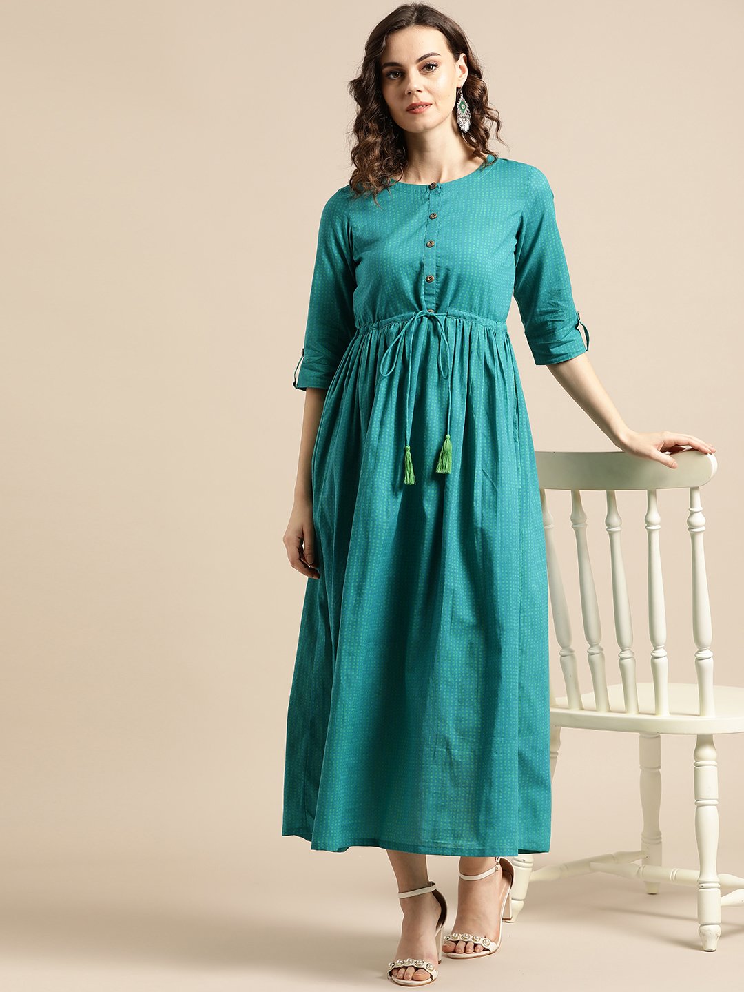 Women Green Polka Dots Self Design Round Neck Cotton Fit And Flare Dress | LASVINI - Redefining Indian Fashion with Elegance